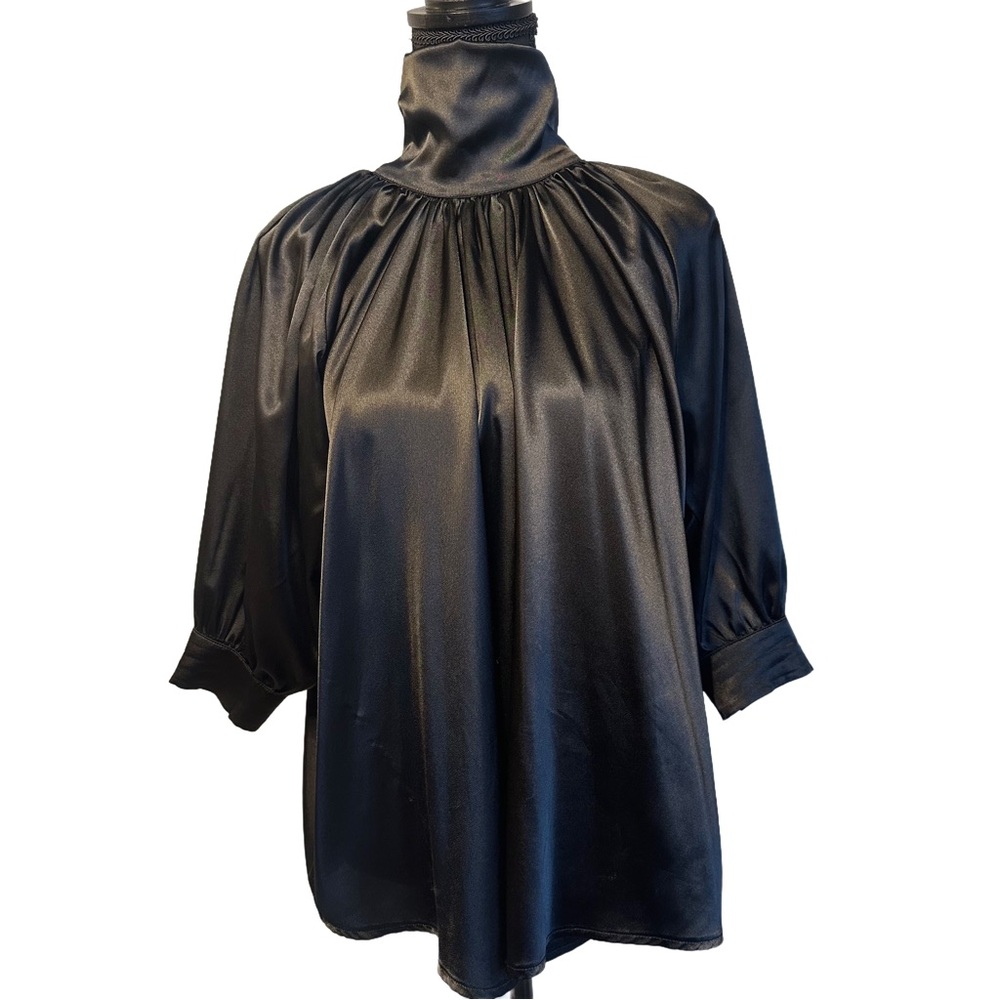 🖤Y2K Black Satin High-Neck Blouse | Adjustable Collar 🖤 - Picture 4 of 14